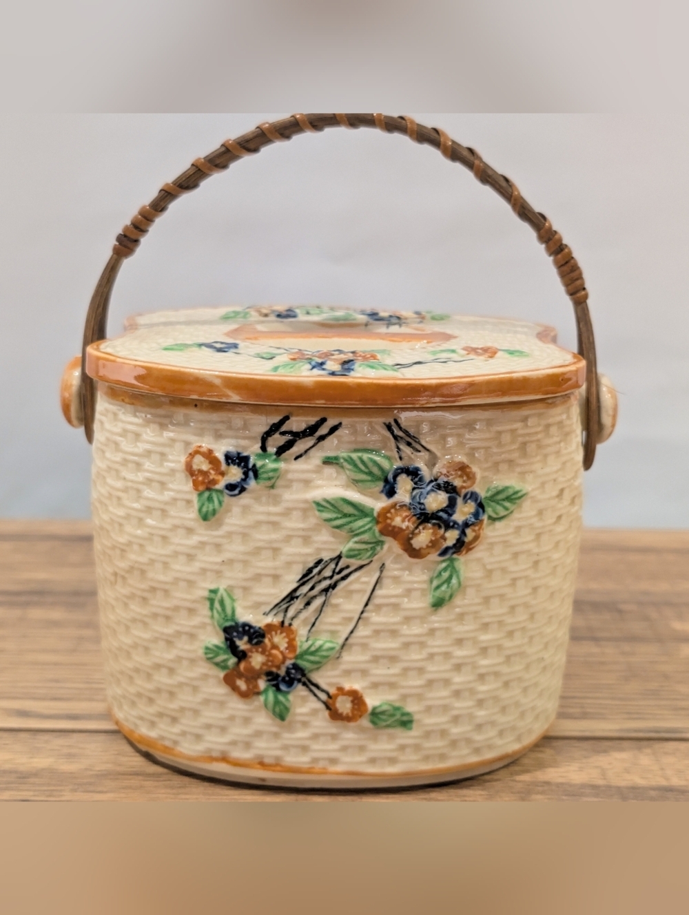 Vintage Hand Painted Ceramic Biscuit Jar With Lid And Rattan Handle